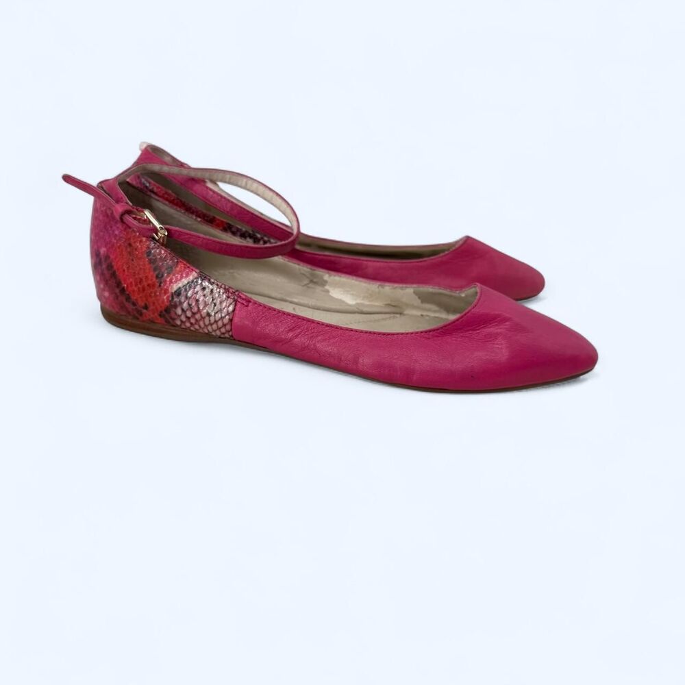 Hot Pink Leather Pointed Toe Ankle Strap Ballet Flats Snakeskin Print Accent